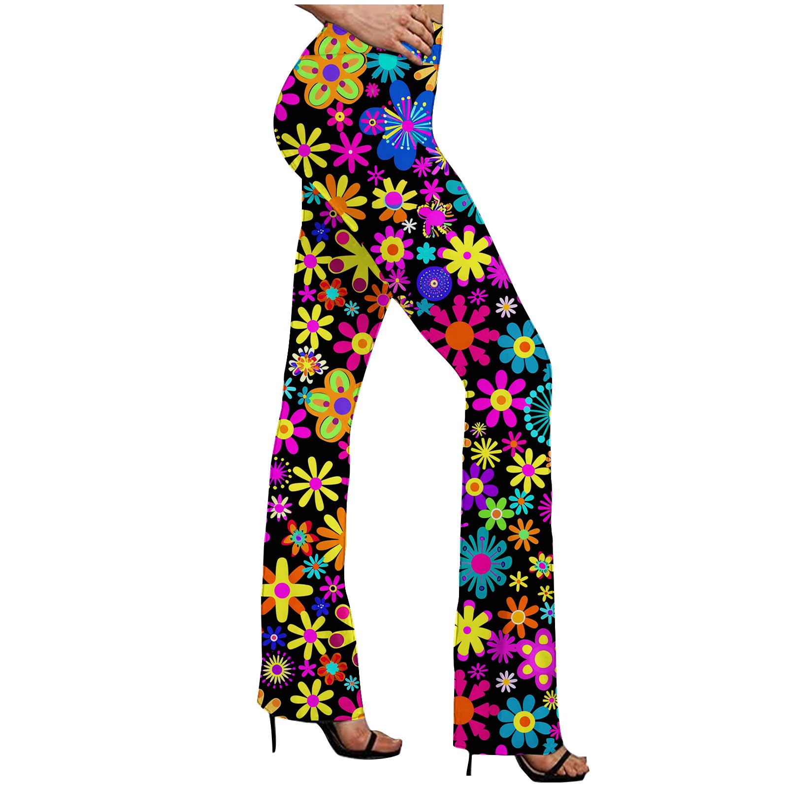 Flare Pants for Women, Boho Hippie Pants Cute Floral Print Teen Girls Legging Yoga Pants Comfty High Waist Bell Bottom Pants Big Deal Days Black M